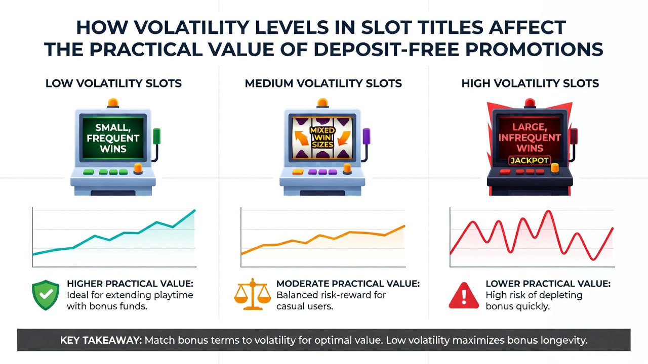 Comparison chart displaying payout patterns across low, medium, and high volatility slots with bonus conversion statistics